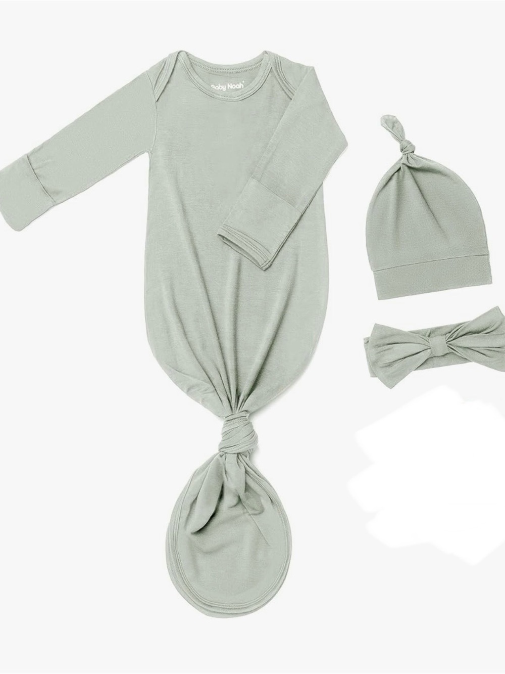 BABY NOAH | Light Tea Green/Sage Green Knotted Gown Set with Hat & Headband